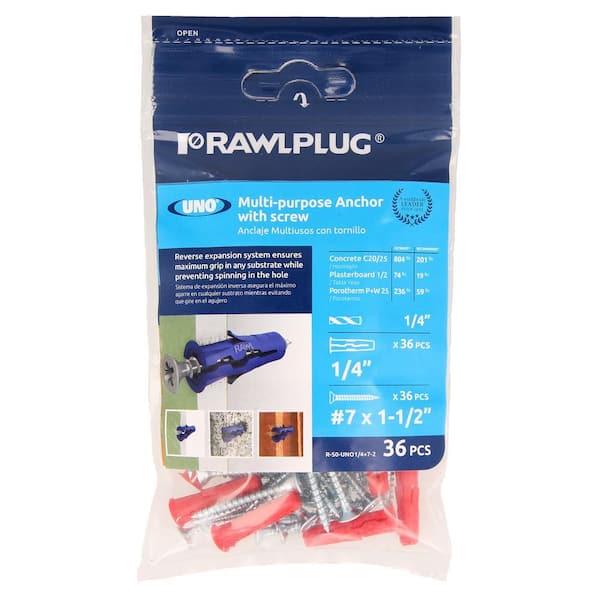 Uno Multi-Purpose Drywall Anchors 1/4 with Screws #8 x 1-3/4 19 lbs. (Pack of 36)