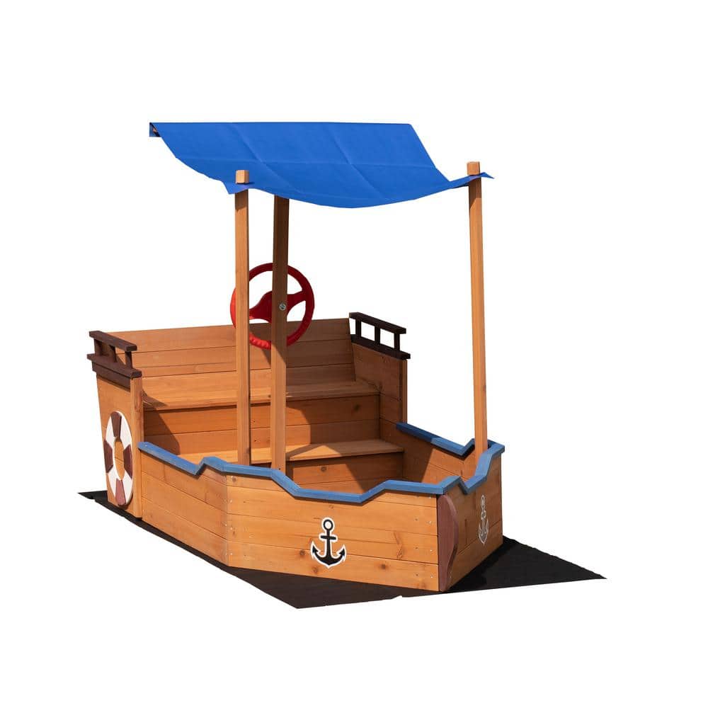 63 in. W Utsunny Pirate Ship Sandbox with Cover and Rudder, with Storage Be