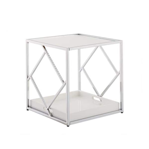 MINIMORE Bella 17.7 in. White 20.9 in. Square MDF PU High Glossy Painting Side Table with Water Ripple Glass Shelf