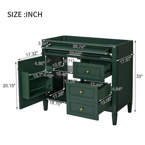 LIVACA 36 in. Bath Vanity Cabinet without Top in Green with 3