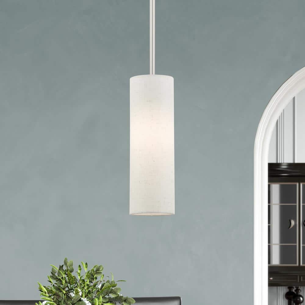 Contemporary Brushed Nickel Mini Pendant with Oatmeal Fabric Shade