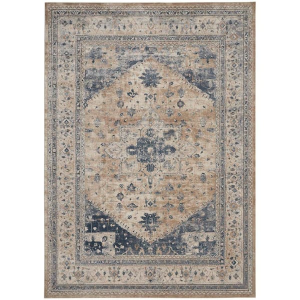 Kathy Ireland Home Malta Beige/Blue 8 ft. x 11 ft. Traditional Area Rug