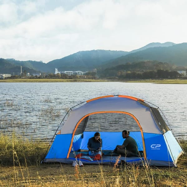 Unbranded Outdoor Portable 11 ft. x 7 ft. x 72 in. 6-Person Blue Fabric Camping Tent with Rainfly and Carry Bag