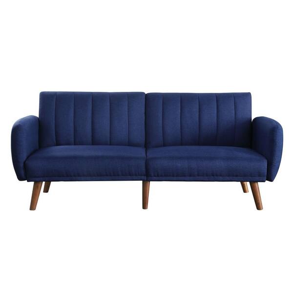 ATHMILE 76 in. Blue Solid Linen Twin Size Sofa Bed with Walnut Finish ...