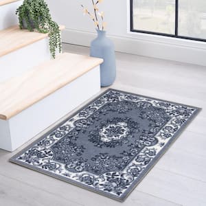 Seraphina Black/White 2 ft. x 3 ft. Traditional Floral Non-Slip Area Rug