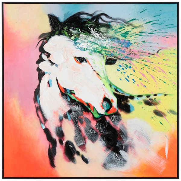 Litton Lane 1- Panel Horse Abstract Paint Splatter Framed Art Print with Black Frame 32 in. x 32 in.