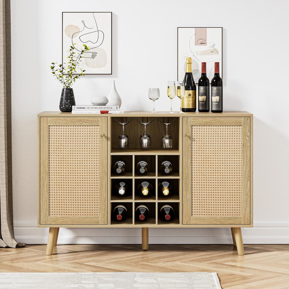 Rustic Oak and Rattan Wine Bar Cabinet with Adjustable Shelves
