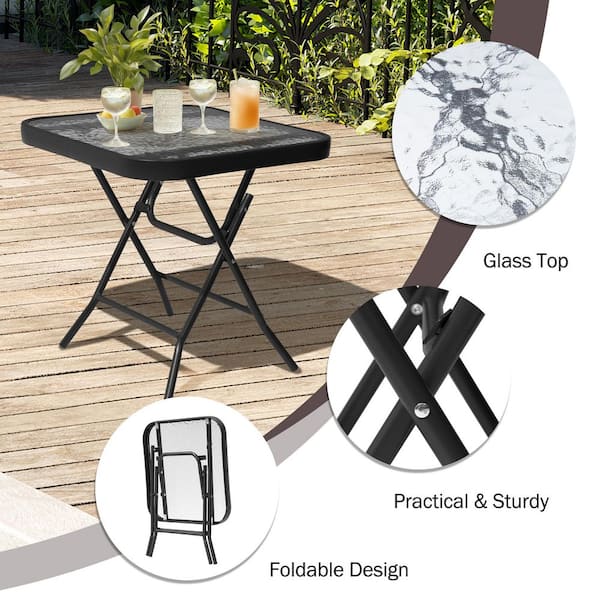 Square Folding Tempered Glass Outdoor Side Table Foldable Outdoor End Table in Black (2-Pack)