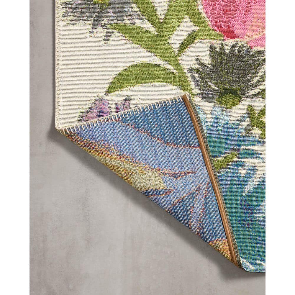 Ivory and Multi Floral Wool Synthetic Area Rug 5' x 7'