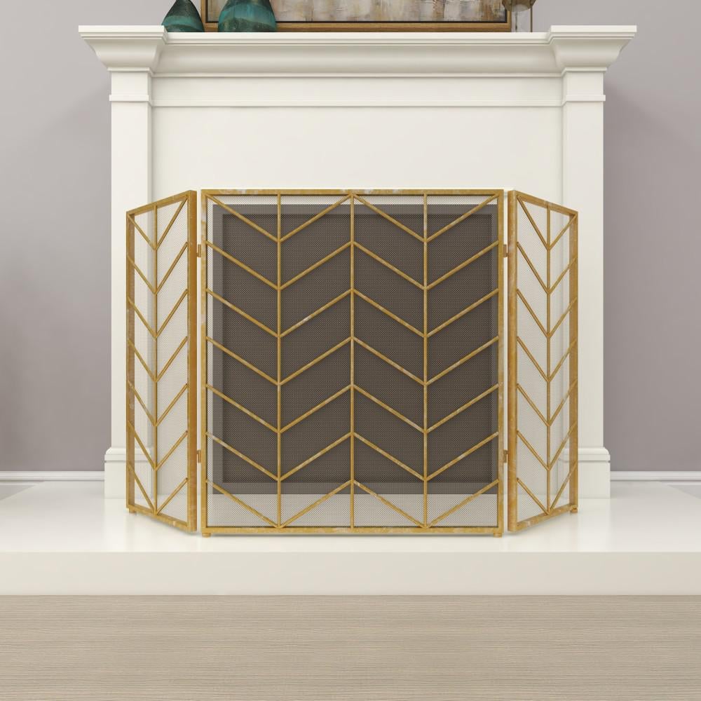 Gold 52" Chevron Pattern Mesh 3-Panel Fireplace Screen