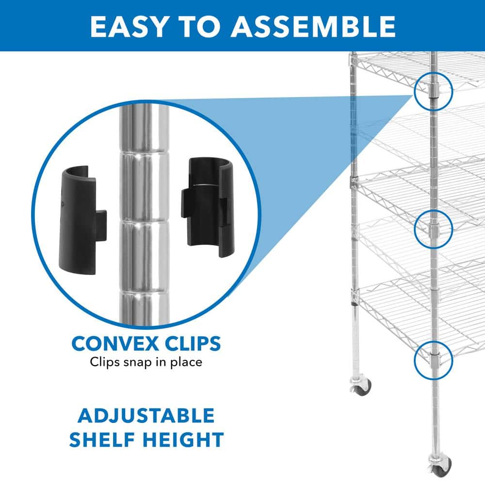 Adjustable 5-Tier Gray Metal Utility Shelf Rack with Wheels