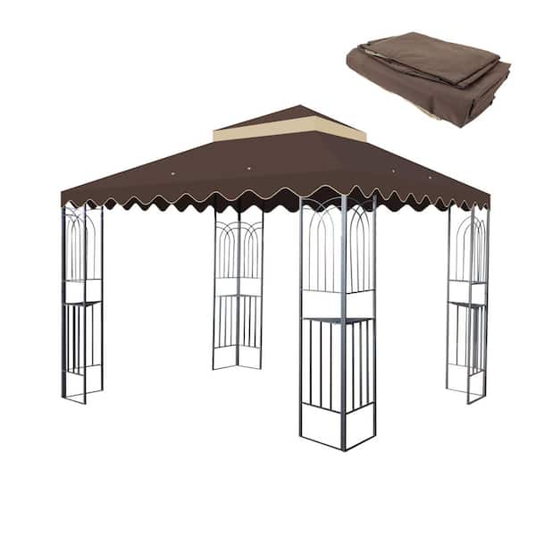 10 x 10 ft. Brown Outdoor Patio Gazebo Replacement Canopy, Double Tiered Gazebo Tent Roof Top Wavy Border Cover Only