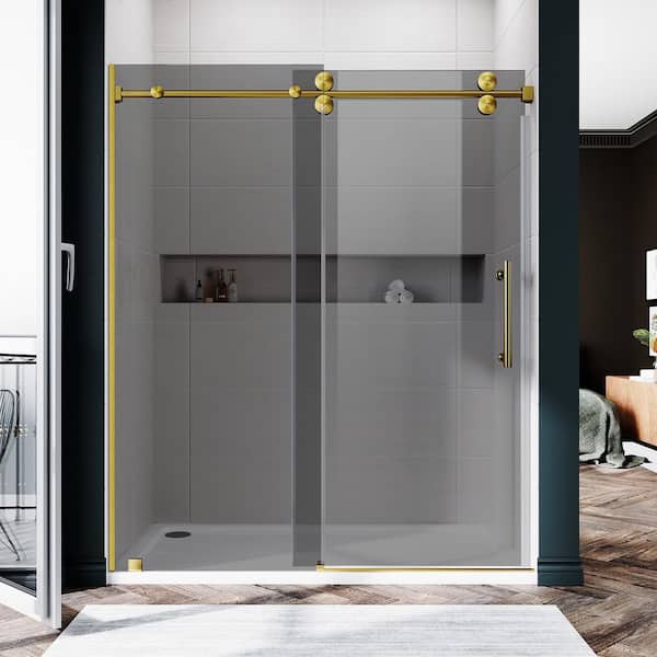 UKS04 56 to 60 in. W x 80 in. H U-Channel Sliding Frameless Shower Door in Satin Brass, EnduroShield 3/8 in. Gray Glass