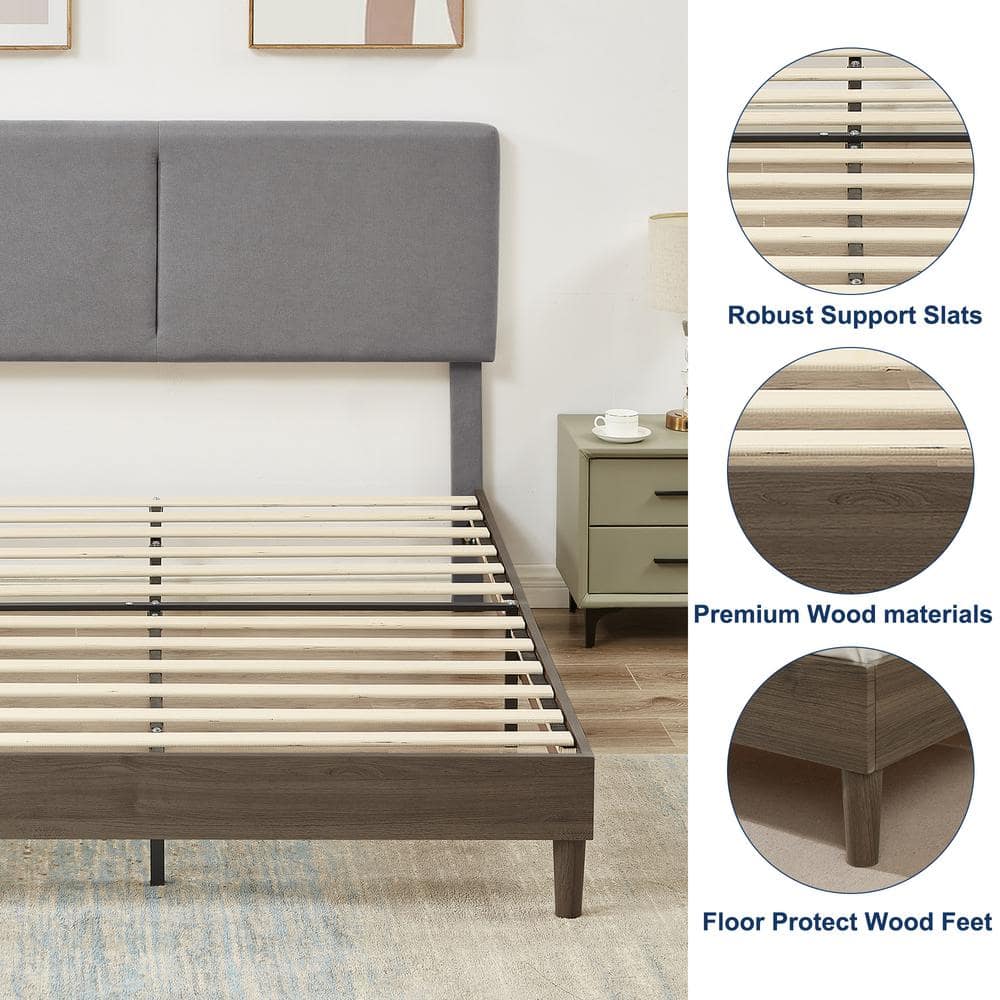 Upholstered Bed Frame with Linen Fabric Headboard, Strong Wood Slats Supports Platform Bed, Queen Size Bed, Beige - thumbnail 8