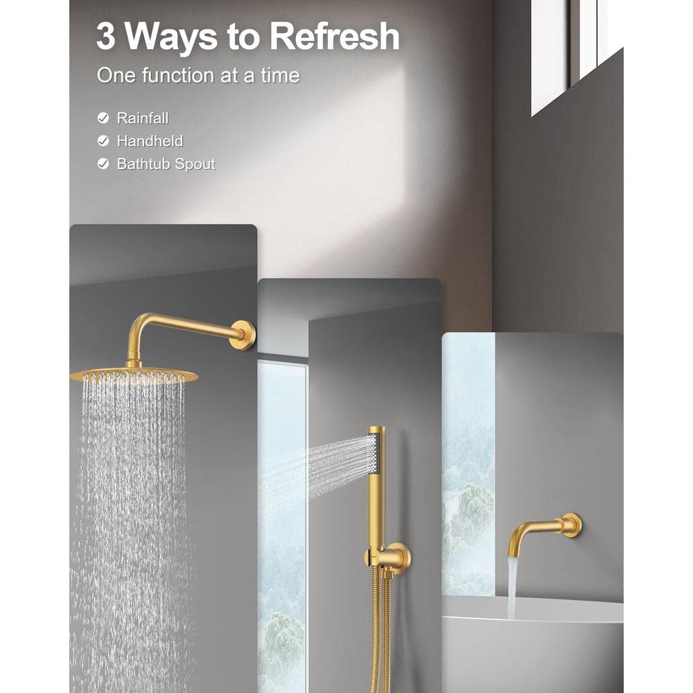 Grandjoy 10" Brushed Gold Rainfall Shower Head Set with Handheld Spray