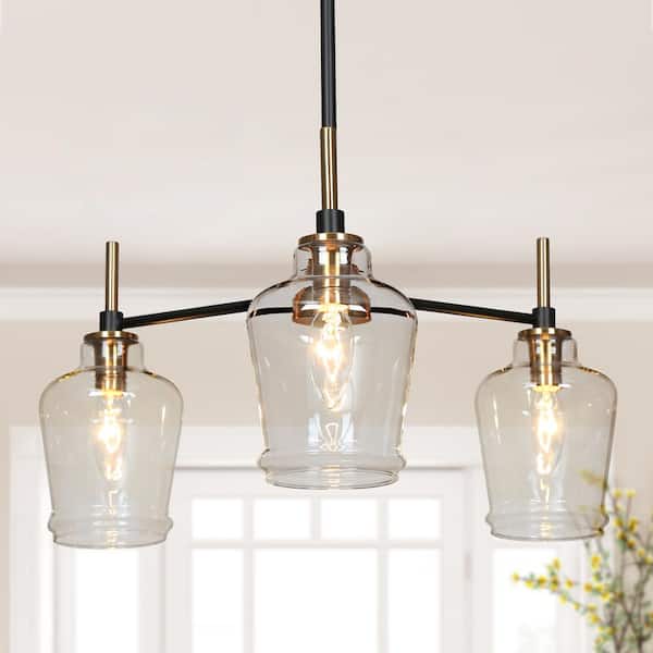 Zevni 21 in. 3-Light Brass Modern Island Chandelier, Clear Glass Mason Jar Pendant Light, Farmhouse Black Hanging Light
