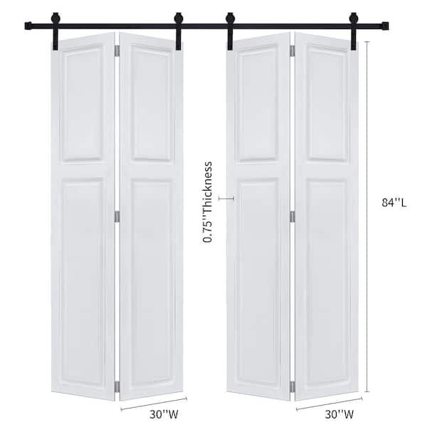 Dual 2-Panel Cottagestyle Bi-fold door 3/4 in. Thick 60 in. x 84 in. MDF White Barn Sliding Door With Hardware kit