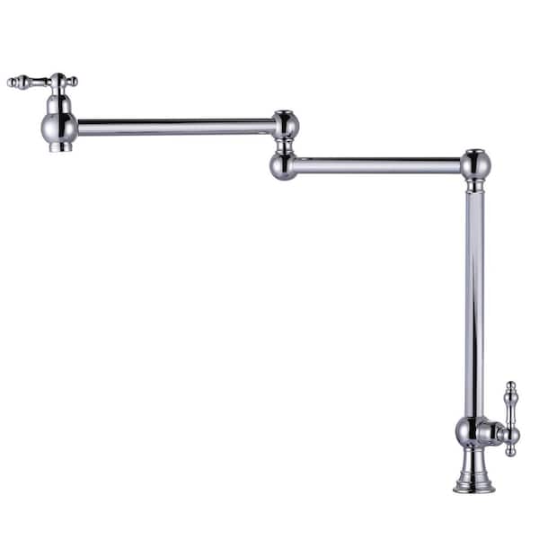 WOWOW Polished Chrome Deck Mounted Pot Filler with Double Handle and Joint Swing Arm in Solid Brass