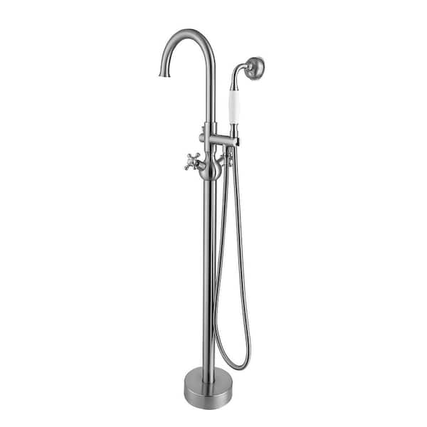 2-Handle Freestanding Tub Faucet with Hand Shower Head in Brushed Nickel
