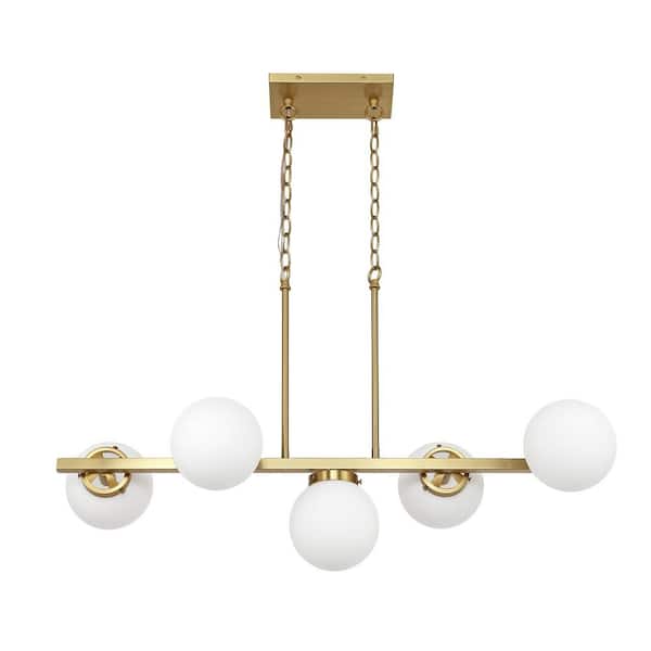 5-Light Gold Modern Linear Chandelier Kitchen Island Pendant Light with White Glass Shade