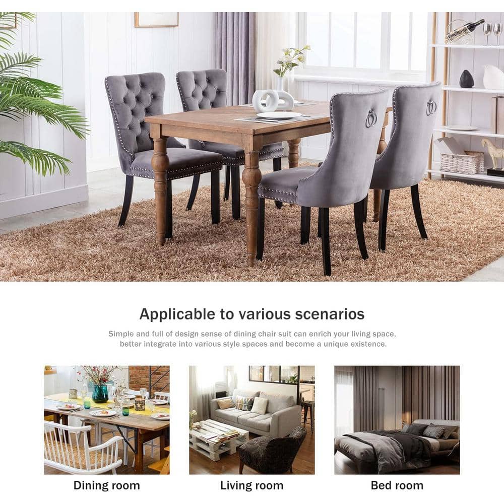 Gray Velvet Upholstered High Back Parsons Side Chair with Wood Legs