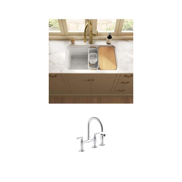 Edalyn Chrome Bridge Kitchen Faucet with Sprayer and Audrine 30 in. Fireclay Workstation Sink Combo