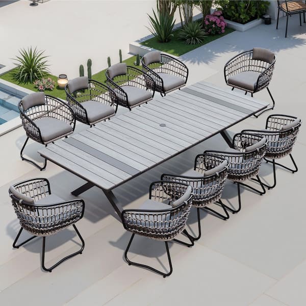Gray 11-Piece 118 in. Wood-Like Aluminum Patio Outdoor Dining Set with Faux Rattan Wicker Gray Cushion Chairs