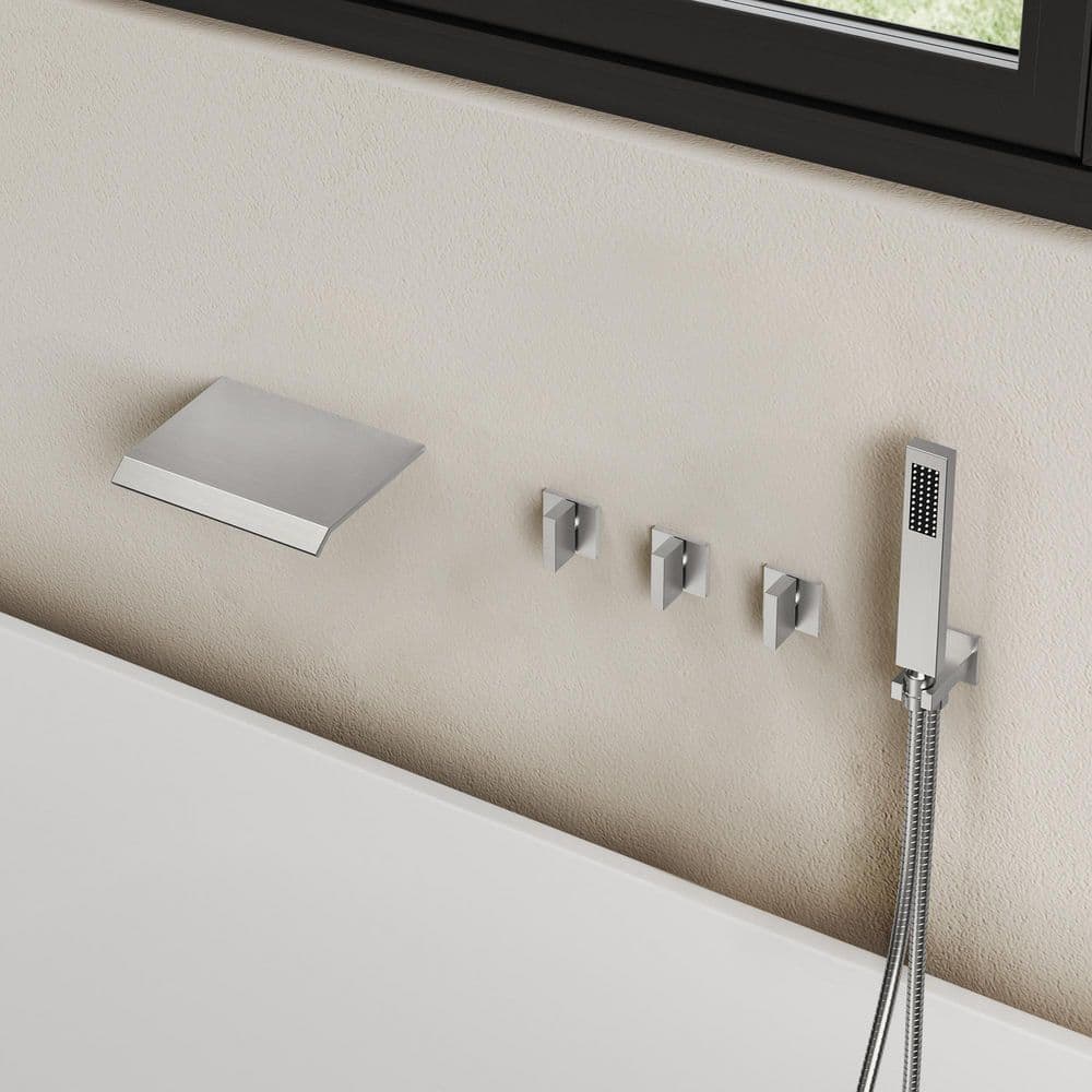 Waterfall 3-Handle 2-Spray Tub and Shower Faucet with Wide Flat Spout Shelf, 3.2 GPM in Brushed Nickel Valve Included price history on PriceWatchPro