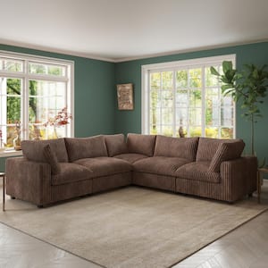 118 in. Rabbit Plush Fabric Square Arm 5-Piece Modular Free Combination Sectional Sofa in Brown