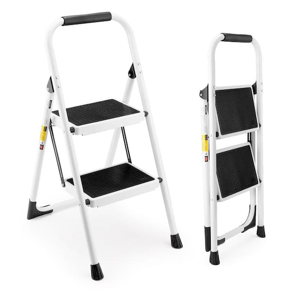 2.6 ft. Reach Step Stool,2 Step Folding Ladder with Anti-Slip and Wide Pedal for Kitchen, Household, 330 lbs., White