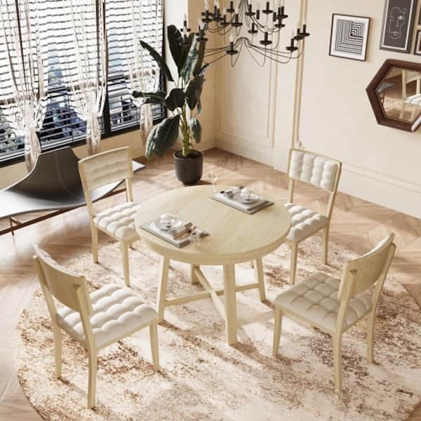 Unbranded Natural Brown 5-Piece Wood 42 in. Round Table and Upholstered Chair Outdoor Dining Set with Beige Cushions