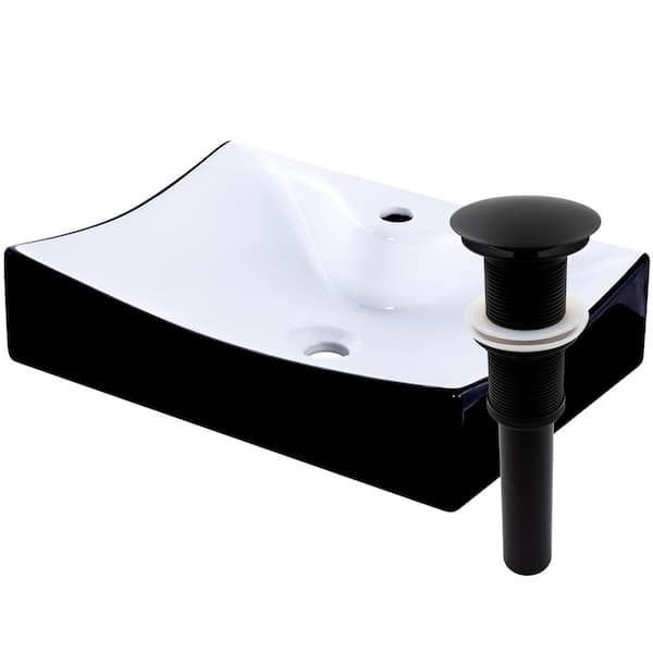 Novatto Porcelain Vessel Sink in Black and White with Umbrella Drain in Matte Black