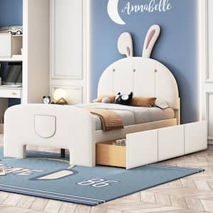 Beige Wood Frame Twin Velvet Upholstered Platform Bed with Rabbit-Shaped Headboard, Bed-End Storage Pocket, Drawers