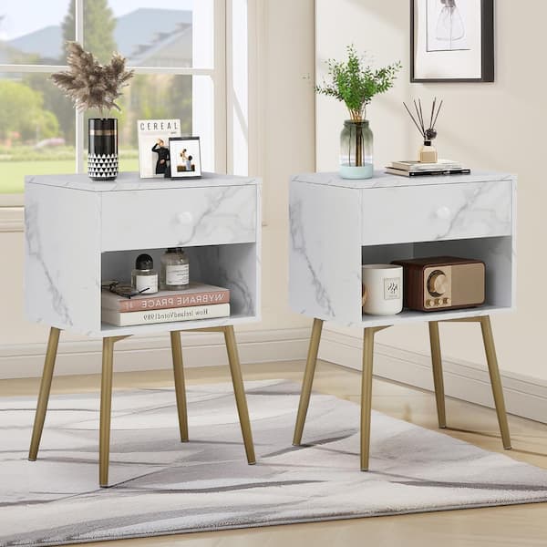 VECELO Nightstands (Set of 2), Industrial 2-Tier Wood End Tables with Storage Drawer, Mid-Century Modern Side Tables, White