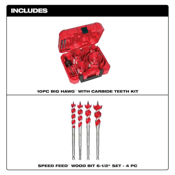 BIG HAWG Carbide Hole Saw Kit with SPEED FEED Auger Wood Drilling Bit Set (14-Piece)