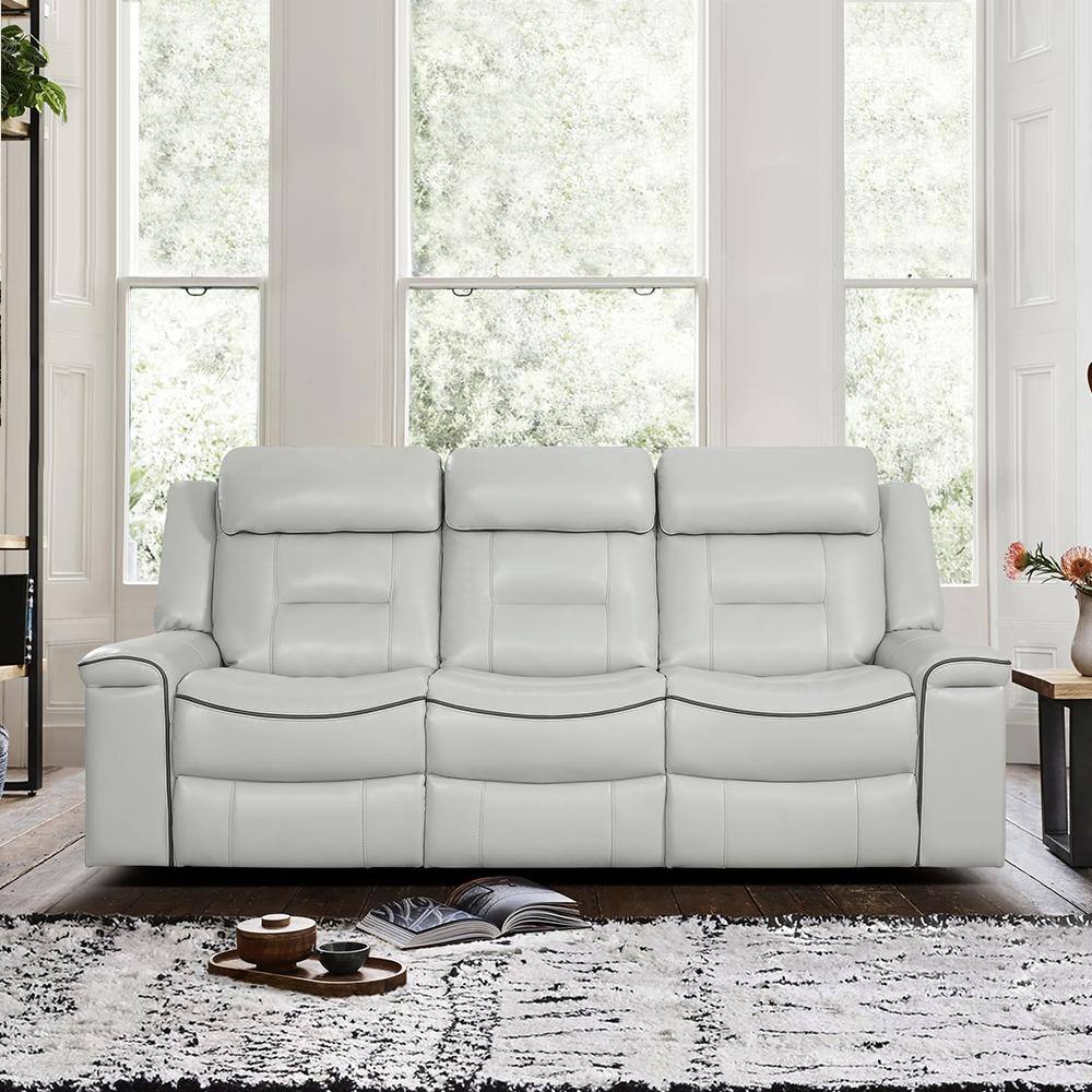 Modern Light Gray Faux Leather 88.5" Reclining Sofa with Wood Accents