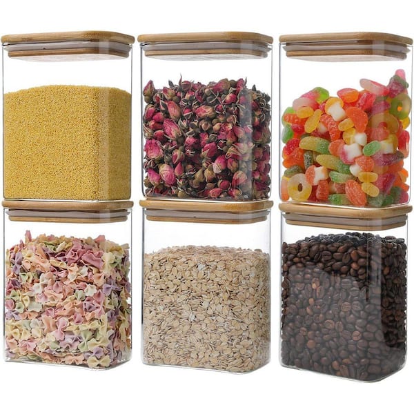 6-Piece Airtight Glass Food Storage Containers with Bamboo Lids Stackable Square Kitchen Jars Set for Snacks