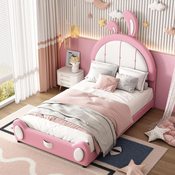 Harper & Bright Designs Pink and White Wooden Twin Size PU Upholstered Platform Bed with Rabbit Shaped Headboard