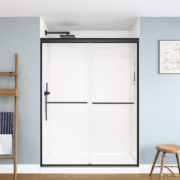 54 in. W x 70 in. H Double Sliding Framed Shower Door in Matte Black with SGCC 1/4 in. (6 mm) Tempered Clear Glass
