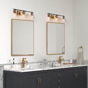 22 in. 3-Light Brass Gold Bathroom Vanity Light, Cone Clear Glass Bath Lighting, Industrial Black Indoor Wall Sconce
