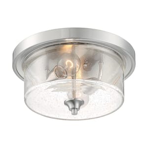 Bransel 12.88 in. 2-Light Brushed Nickel Transitional Flush Mount with Clear Seeded Glass Shade, No Bulbs Included