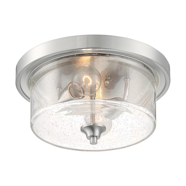 SATCO Bransel 12.88 in. 2-Light Brushed Nickel Transitional Flush Mount with Clear Seeded Glass Shade, No Bulbs Included
