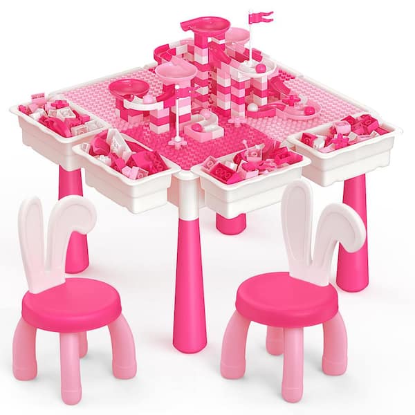 Angel Sar 152-Piece Square Plastic Top Pink Kids Activity Table & Chair Sets, Learning Play Table Toys for Toddler