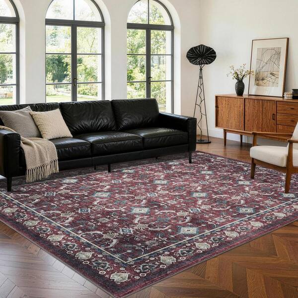 Red 9 X 12 ft. Vintage Boho Washable Low Pile Area Rug, Non-Slip Stain Resistant Indoor Carpet for Living Room, Bedroom