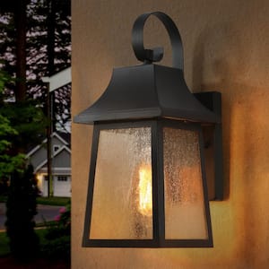 Black Outdoor Wall Lantern Sconce Ceno 9 in. 1-Light Modern Medium Outdoor Wall Light fixture with Seeded Glass Shade
