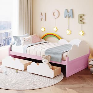 Pink Wood Frame Twin Size Platform Bed with Rainbow Decor and 2-Drawers
