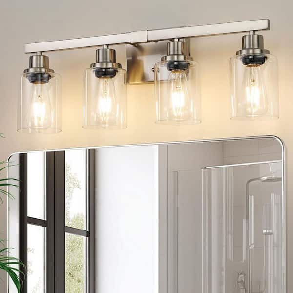 24.2 in. 4-Light Brushed Nickel Modern Bathroom Vanity Light with Clear Glass Shade