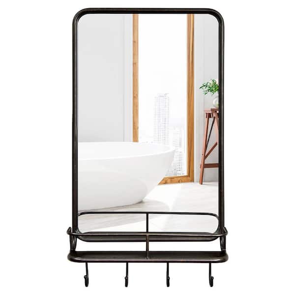 Black 19 in. W x 33 in. H Rectangle Full Length Wall Mirror with Shelf Hooks and Sturdy Metal Frame for Room Decoration