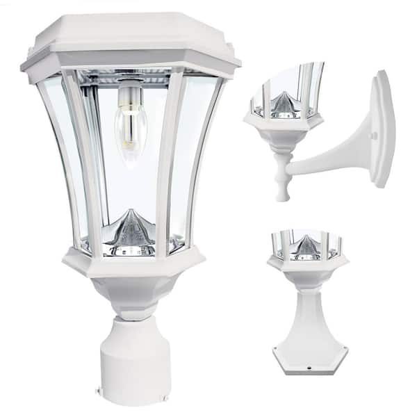 GAMA SONIC Victorian Bulb Single White Outdoor Solar Post Light with Pier Base and Wall Sconce Mounting Options