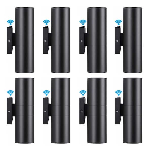 Black Dusk to Dawn Outdoor Hardwired Cylinder Wall Lantern Sconce with Integrated LED Up Down Lights (8-Pack)